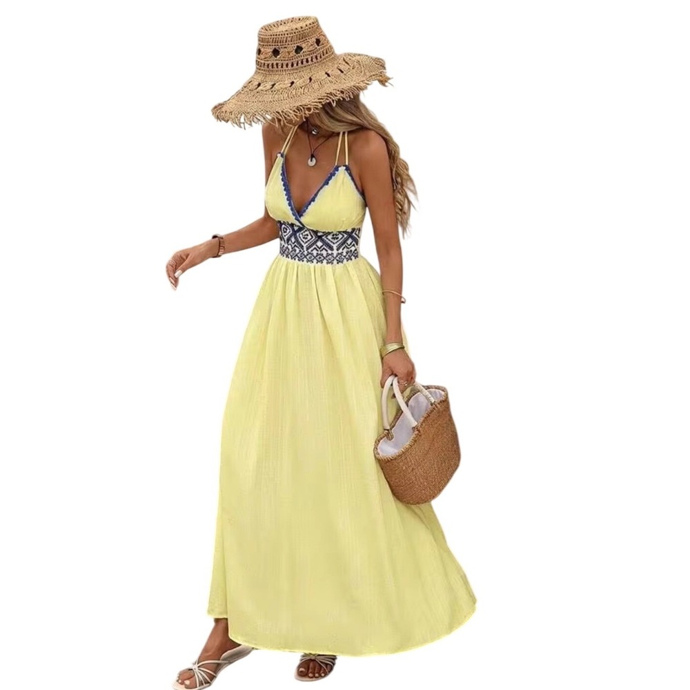 SHEIN Yellow Boho Embroidered Maxi Dress Blue Geometric Trim Open Back Medium